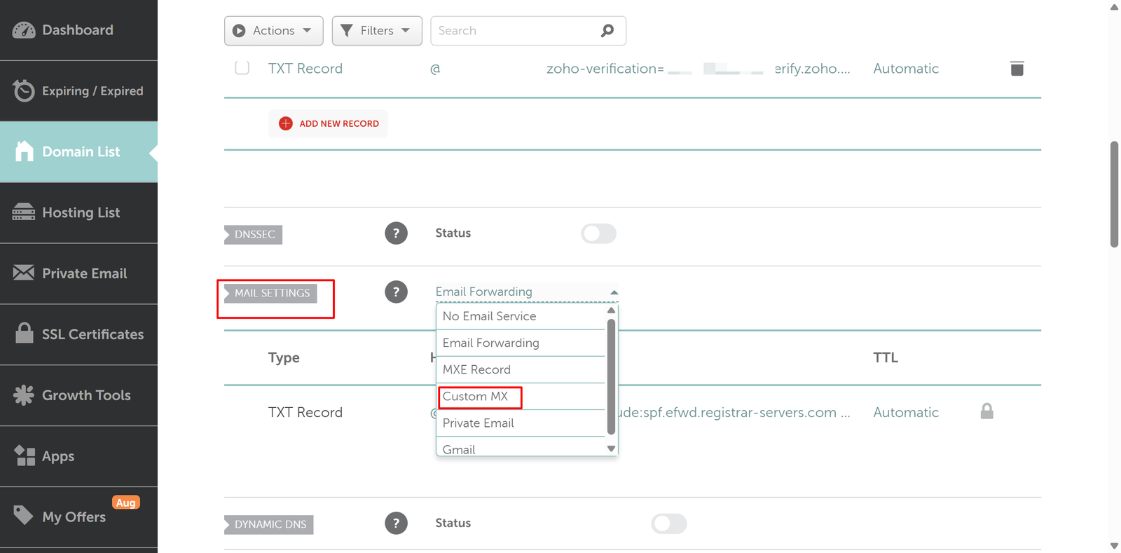 Namecheap Advanced DNS 页面底部的 MAIL SETTINGS 下拉菜单，将 Email Forwarding 改为 Custom MX