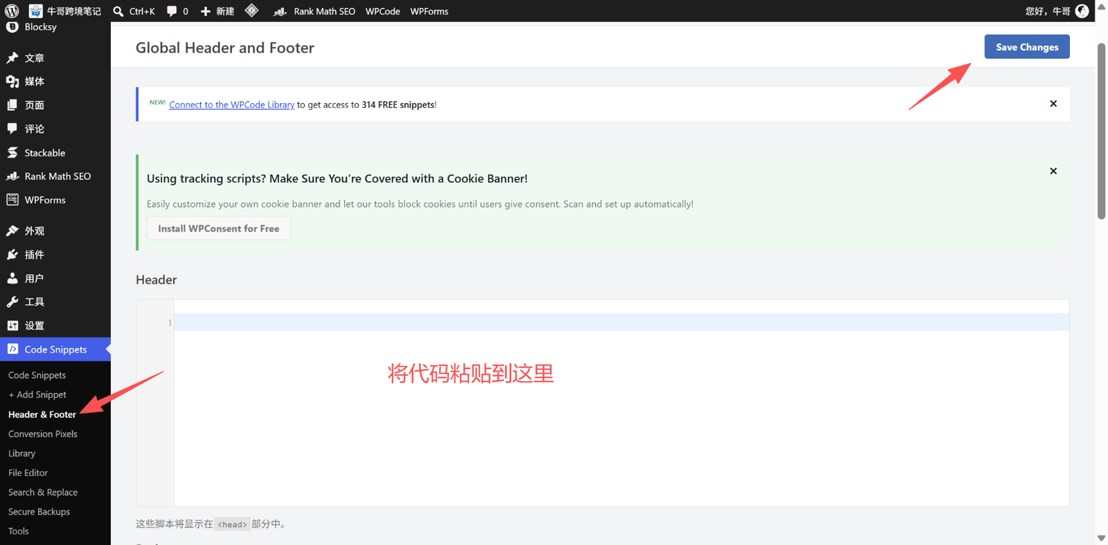 WordPress 安装 Google Analytics 操作截图：将代码添加到 WordPress